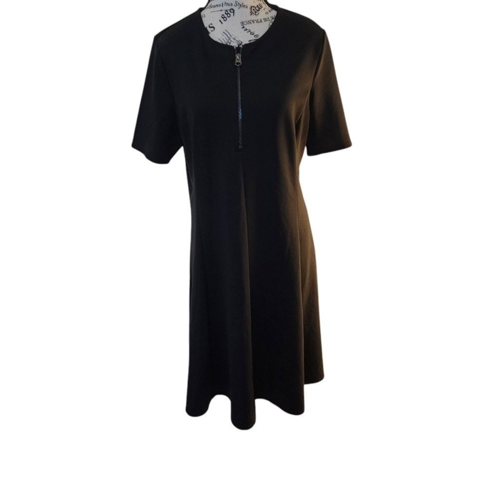 Calvin Klein Black Zip Front Midi Shirt Dress Stretch Size 44 L XL